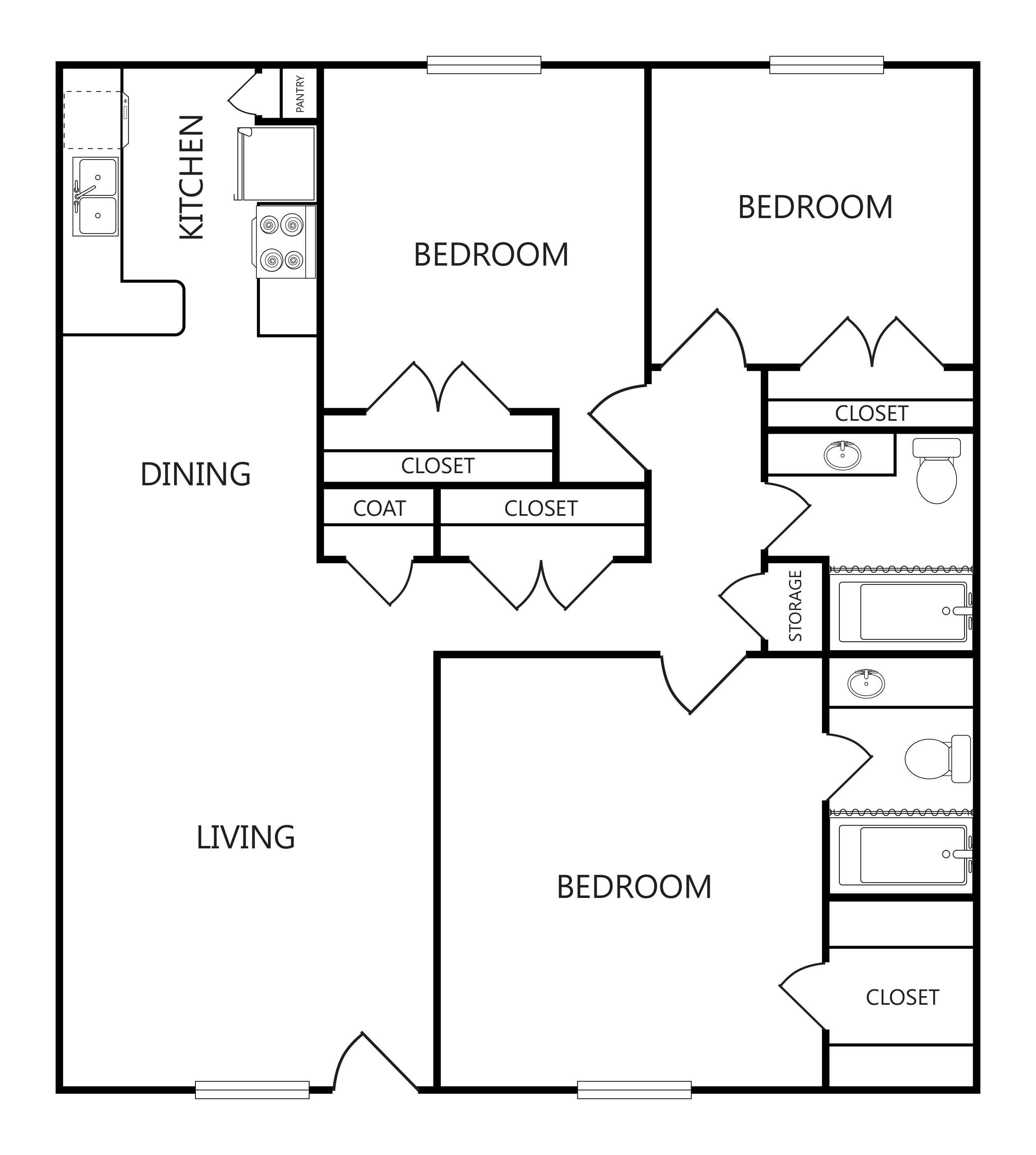 Beautiful and spacious 3 bedroom 2 bath unit with updated kitchen and eat-in dining room.